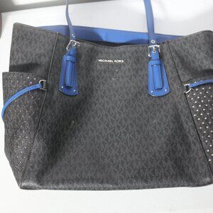 Michael Kors Womens Black Blue Leather Voyager East West Tote Shoulder Bag Purse
